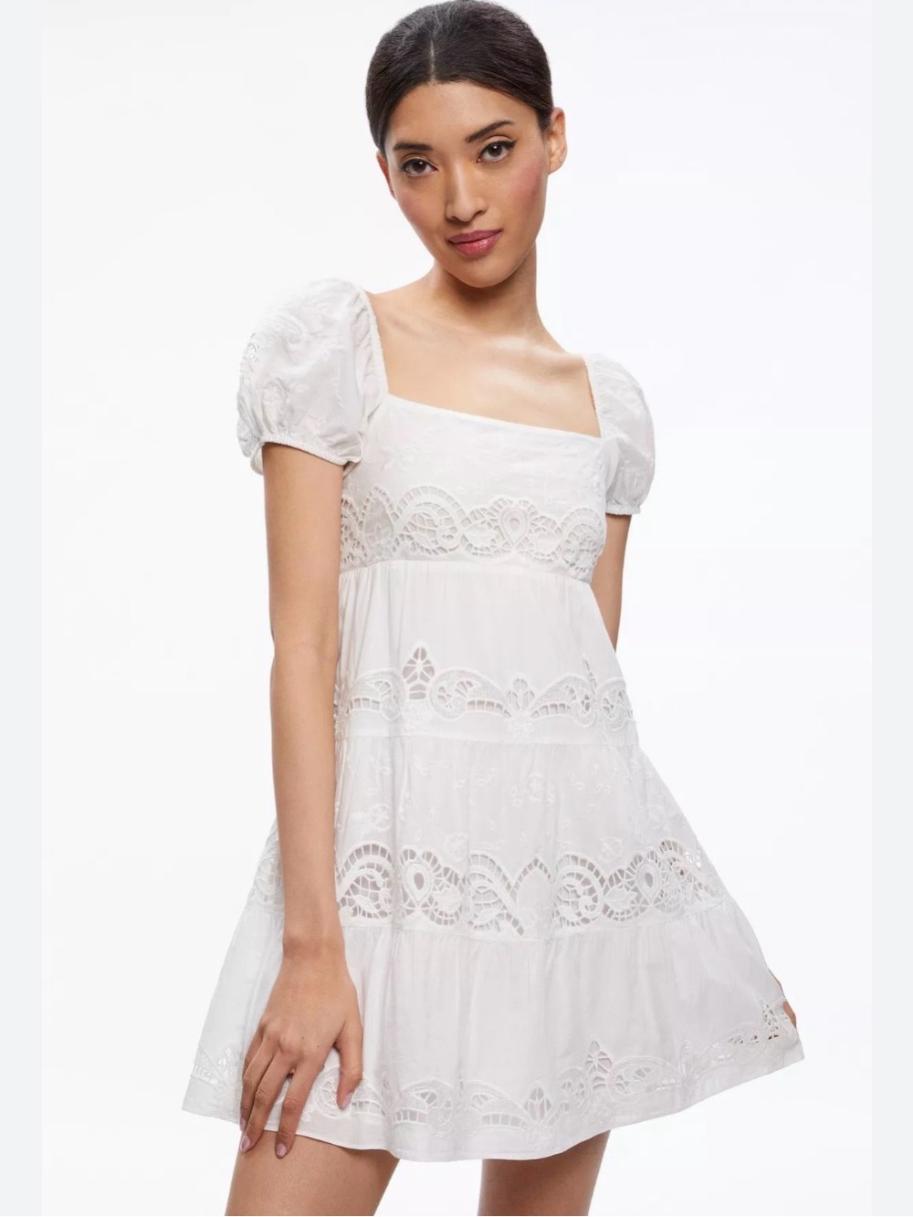 Alice + Olivia White Lace-Trim Puff Sleeve Mini Dress